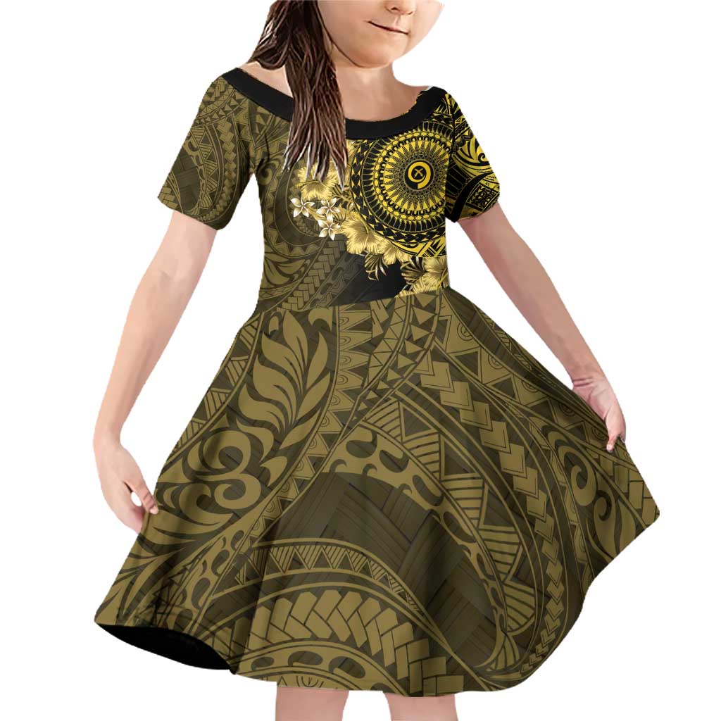 Vanuatu Family Matching Off Shoulder Short Dress and Hawaiian Shirt Hibisus Polynesian Pattern Gold LT14 Daughter's Dress Gold - Polynesian Pride