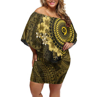 Vanuatu Family Matching Off Shoulder Short Dress and Hawaiian Shirt Hibisus Polynesian Pattern Gold LT14 Mom's Dress Gold - Polynesian Pride