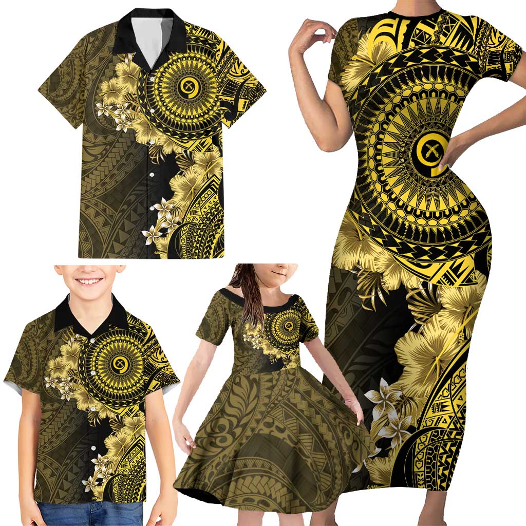 Vanuatu Family Matching Short Sleeve Bodycon Dress and Hawaiian Shirt Hibisus Polynesian Pattern Gold LT14 - Polynesian Pride