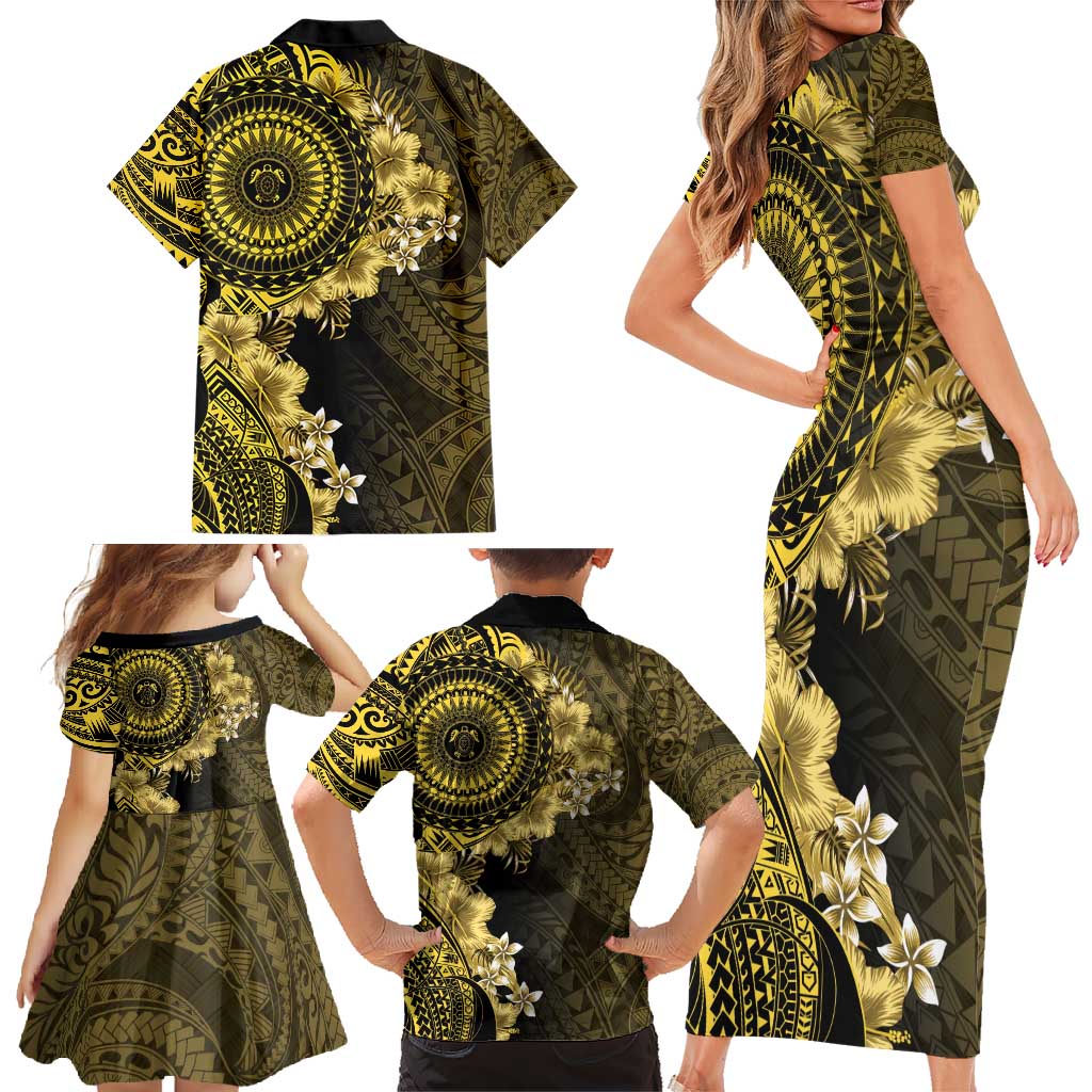 Vanuatu Family Matching Short Sleeve Bodycon Dress and Hawaiian Shirt Hibisus Polynesian Pattern Gold LT14 - Polynesian Pride