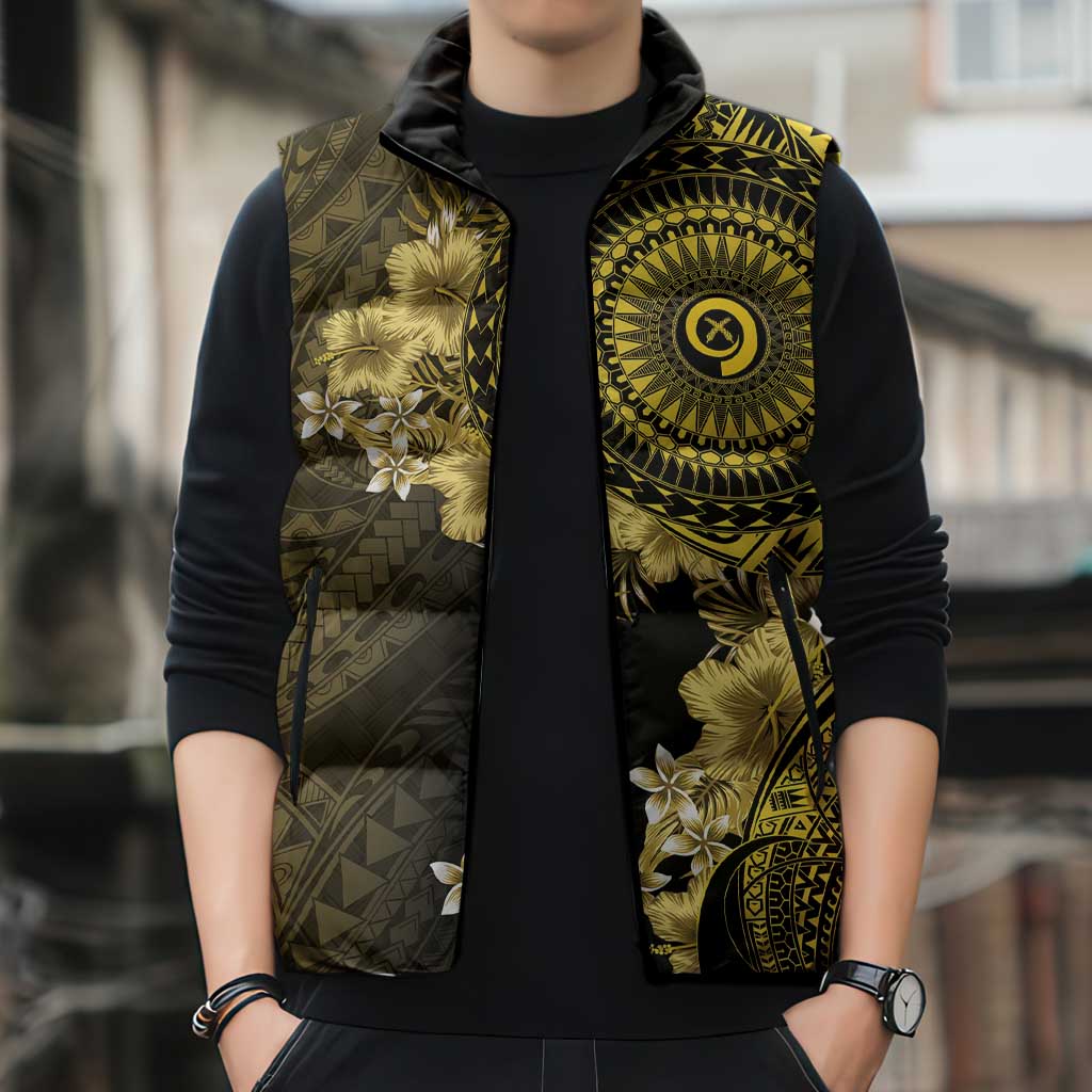 Vanuatu Sleeveless Puffer Jacket Hibisus Polynesian Pattern Gold - Polynesian Pride