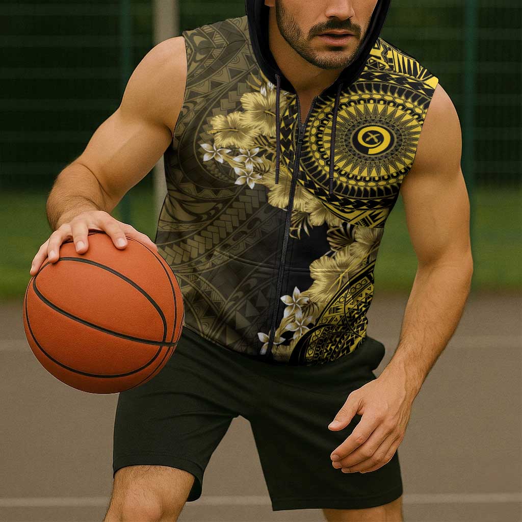 Vanuatu Sleeveless Zip Hoodie Hibisus Polynesian Pattern Gold - Polynesian Pride