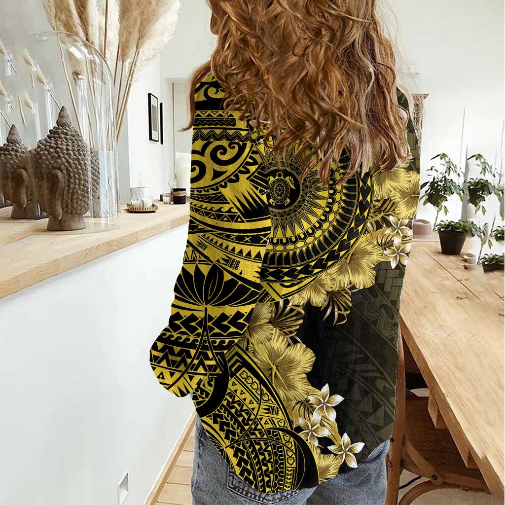 Vanuatu Women Casual Shirt Hibisus Polynesian Pattern Gold LT14 - Polynesian Pride
