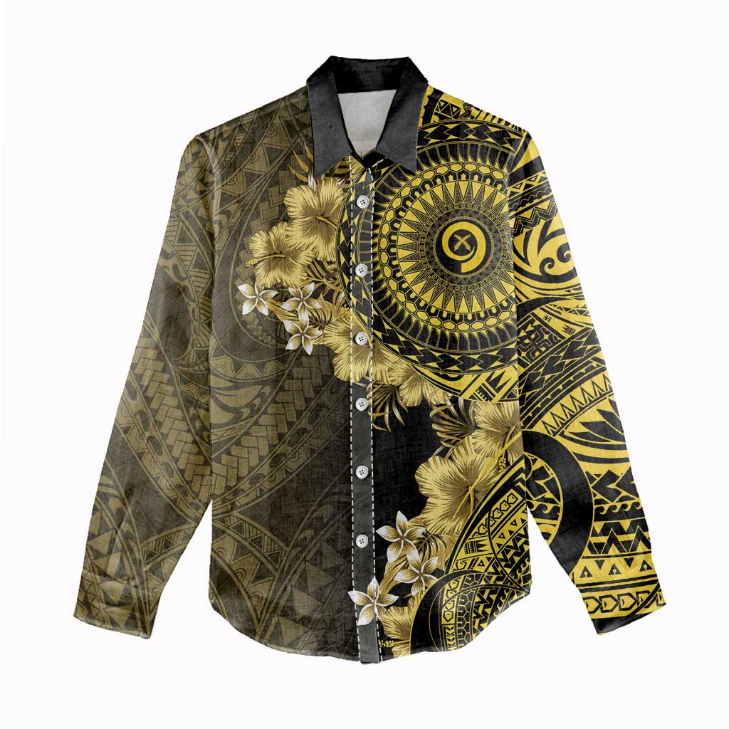 Vanuatu Women Casual Shirt Hibisus Polynesian Pattern Gold LT14 - Polynesian Pride