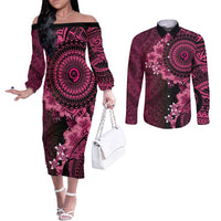 Vanuatu Couples Matching Off The Shoulder Long Sleeve Dress and Long Sleeve Button Shirt Hibisus Polynesian Pattern Pink LT14 Pink - Polynesian Pride