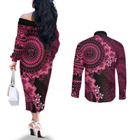 Vanuatu Couples Matching Off The Shoulder Long Sleeve Dress and Long Sleeve Button Shirt Hibisus Polynesian Pattern Pink LT14 - Polynesian Pride