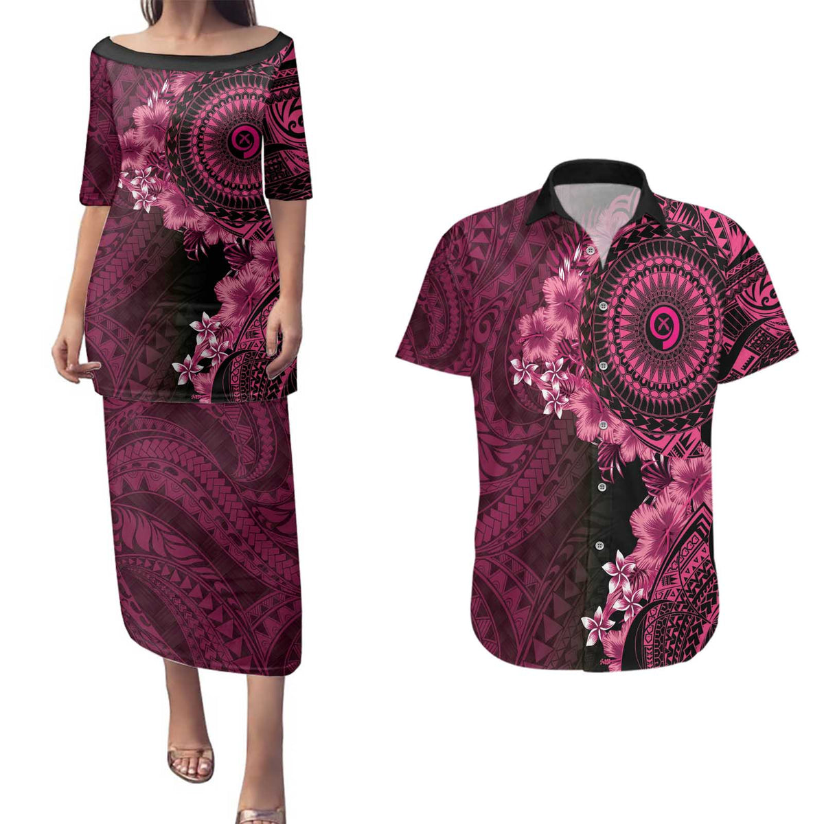 Vanuatu Couples Matching Puletasi and Hawaiian Shirt Hibisus Polynesian Pattern Pink - Polynesian Pride