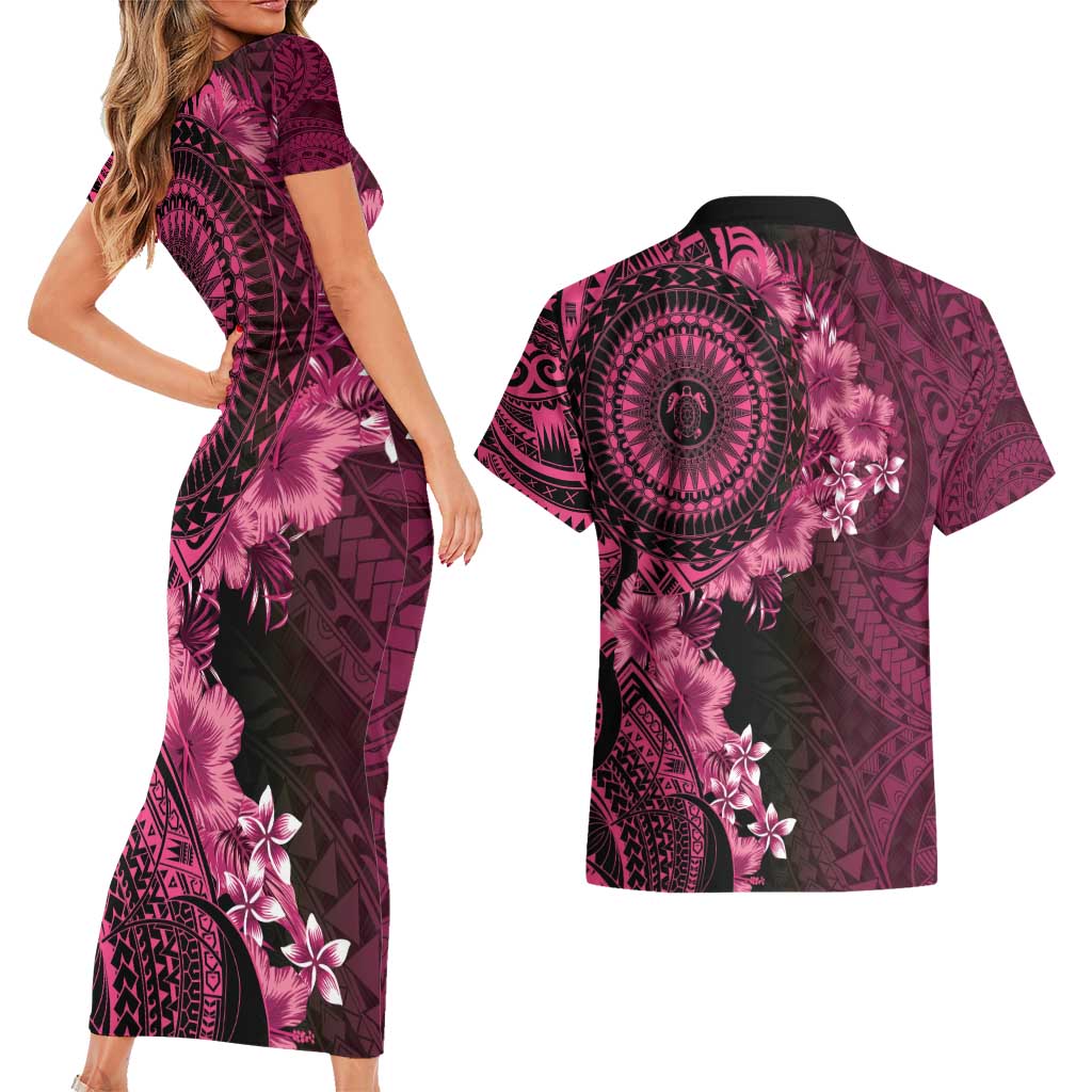Vanuatu Couples Matching Short Sleeve Bodycon Dress and Hawaiian Shirt Hibisus Polynesian Pattern Pink - Polynesian Pride