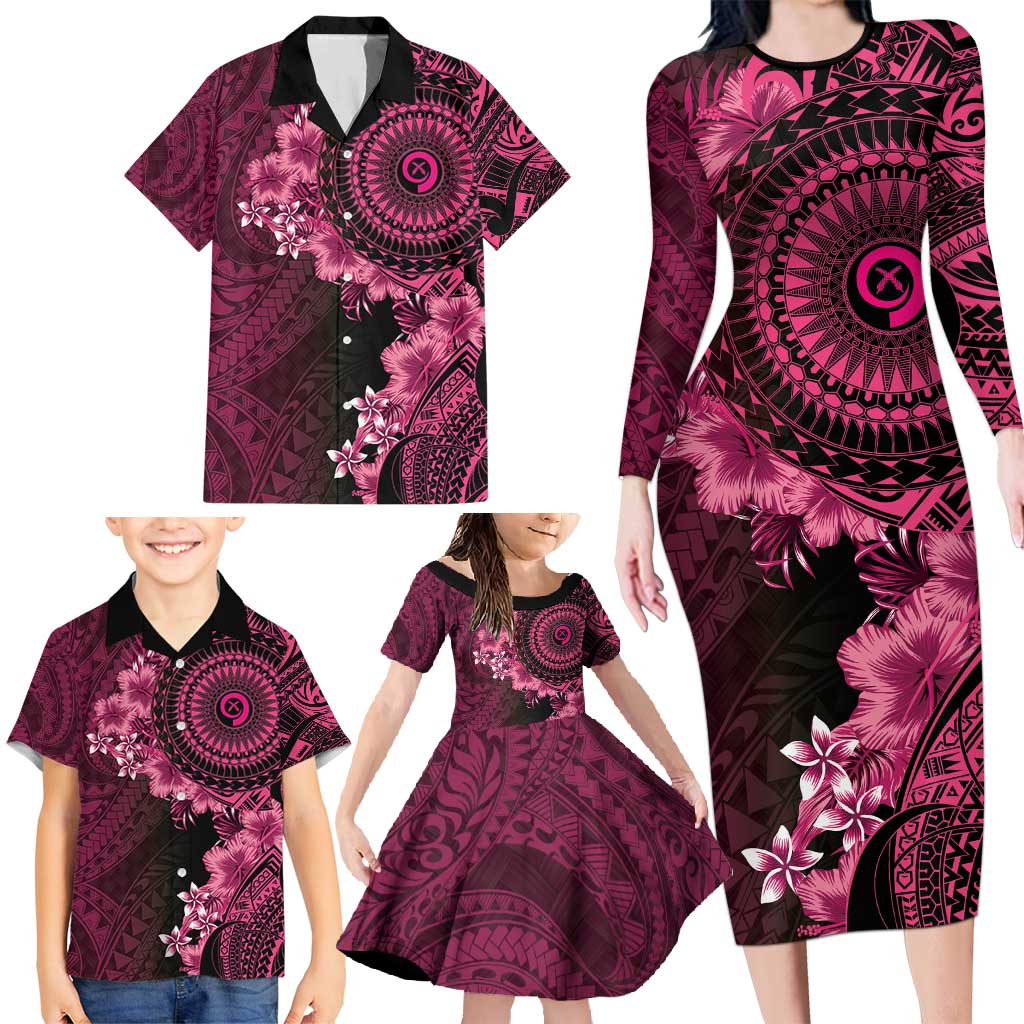 Vanuatu Family Matching Long Sleeve Bodycon Dress and Hawaiian Shirt Hibisus Polynesian Pattern Pink LT14 - Polynesian Pride