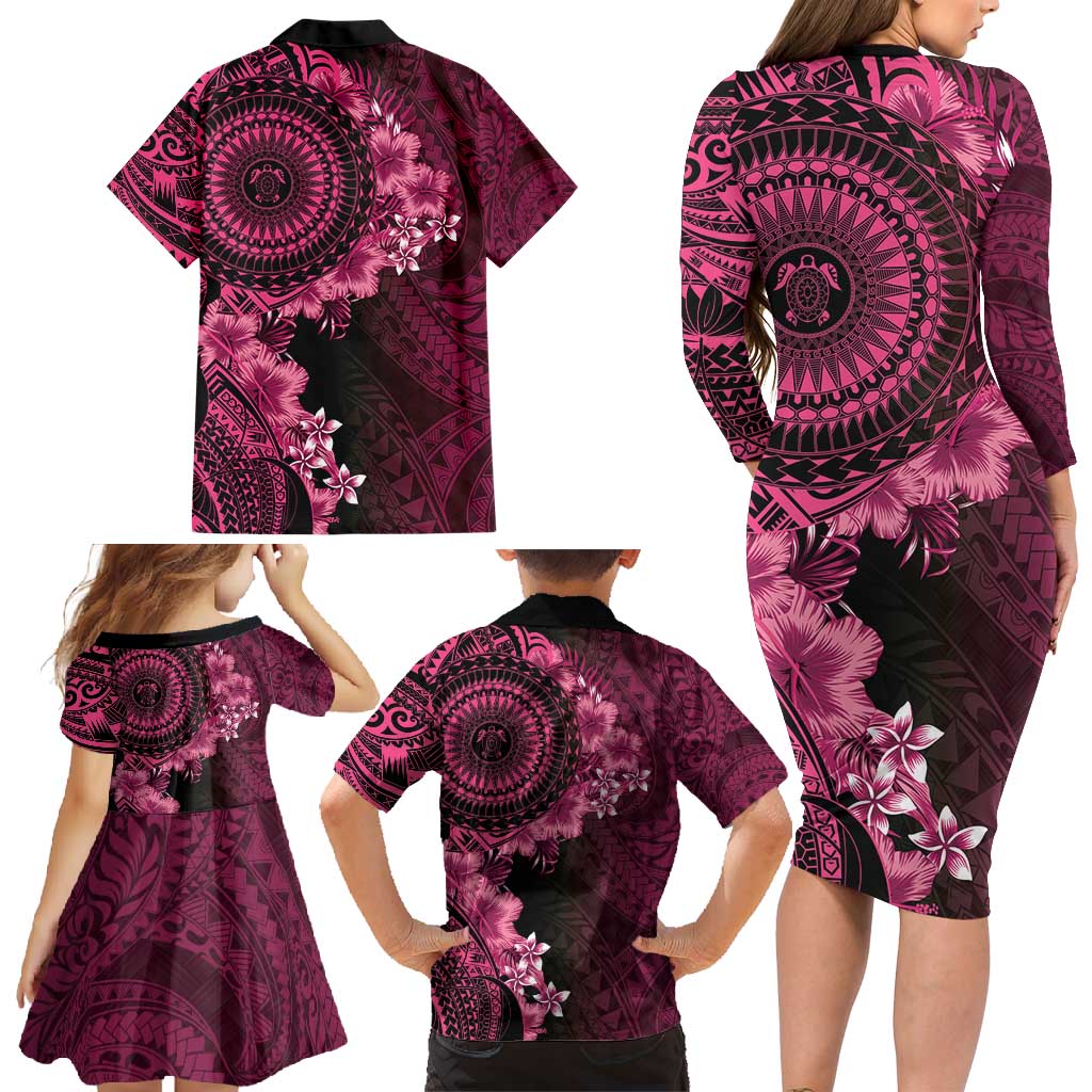 Vanuatu Family Matching Long Sleeve Bodycon Dress and Hawaiian Shirt Hibisus Polynesian Pattern Pink LT14 - Polynesian Pride