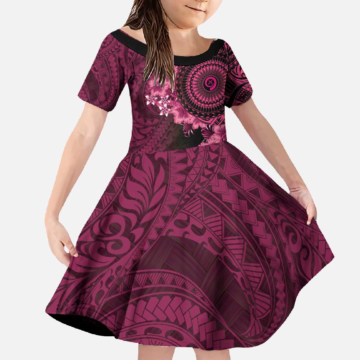 Vanuatu Family Matching Off The Shoulder Long Sleeve Dress and Hawaiian Shirt Hibisus Polynesian Pattern Pink LT14 Daughter's Dress Pink - Polynesian Pride