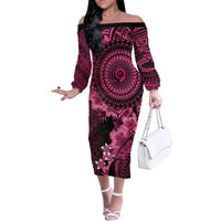 Vanuatu Family Matching Off The Shoulder Long Sleeve Dress and Hawaiian Shirt Hibisus Polynesian Pattern Pink LT14 Mom's Dress Pink - Polynesian Pride