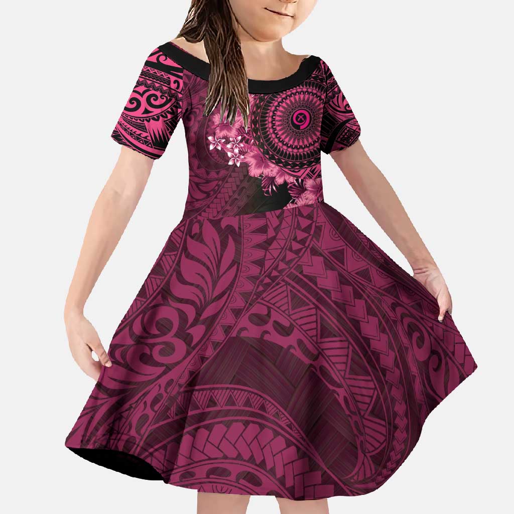 Vanuatu Family Matching Off Shoulder Maxi Dress and Hawaiian Shirt Hibisus Polynesian Pattern Pink LT14 Daughter's Dress Pink - Polynesian Pride