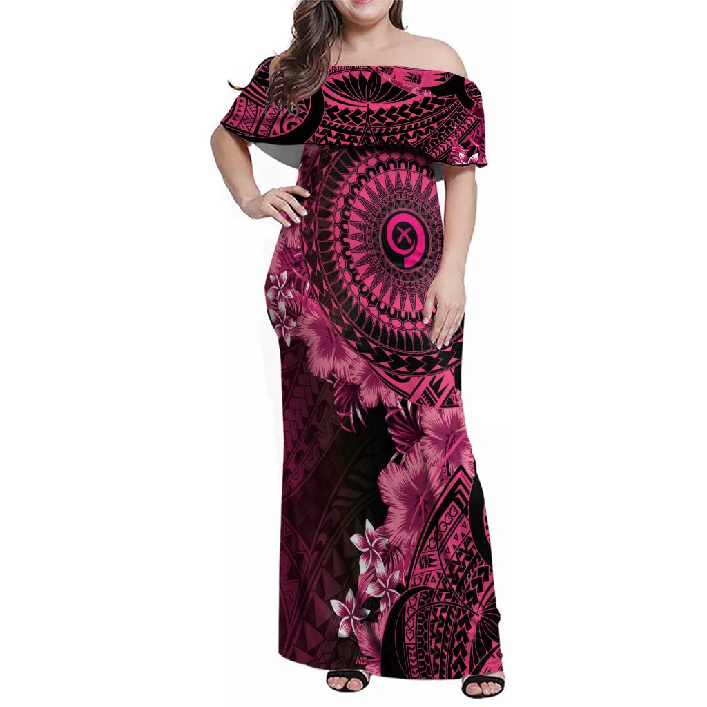Vanuatu Family Matching Off Shoulder Maxi Dress and Hawaiian Shirt Hibisus Polynesian Pattern Pink LT14 Mom's Dress Pink - Polynesian Pride