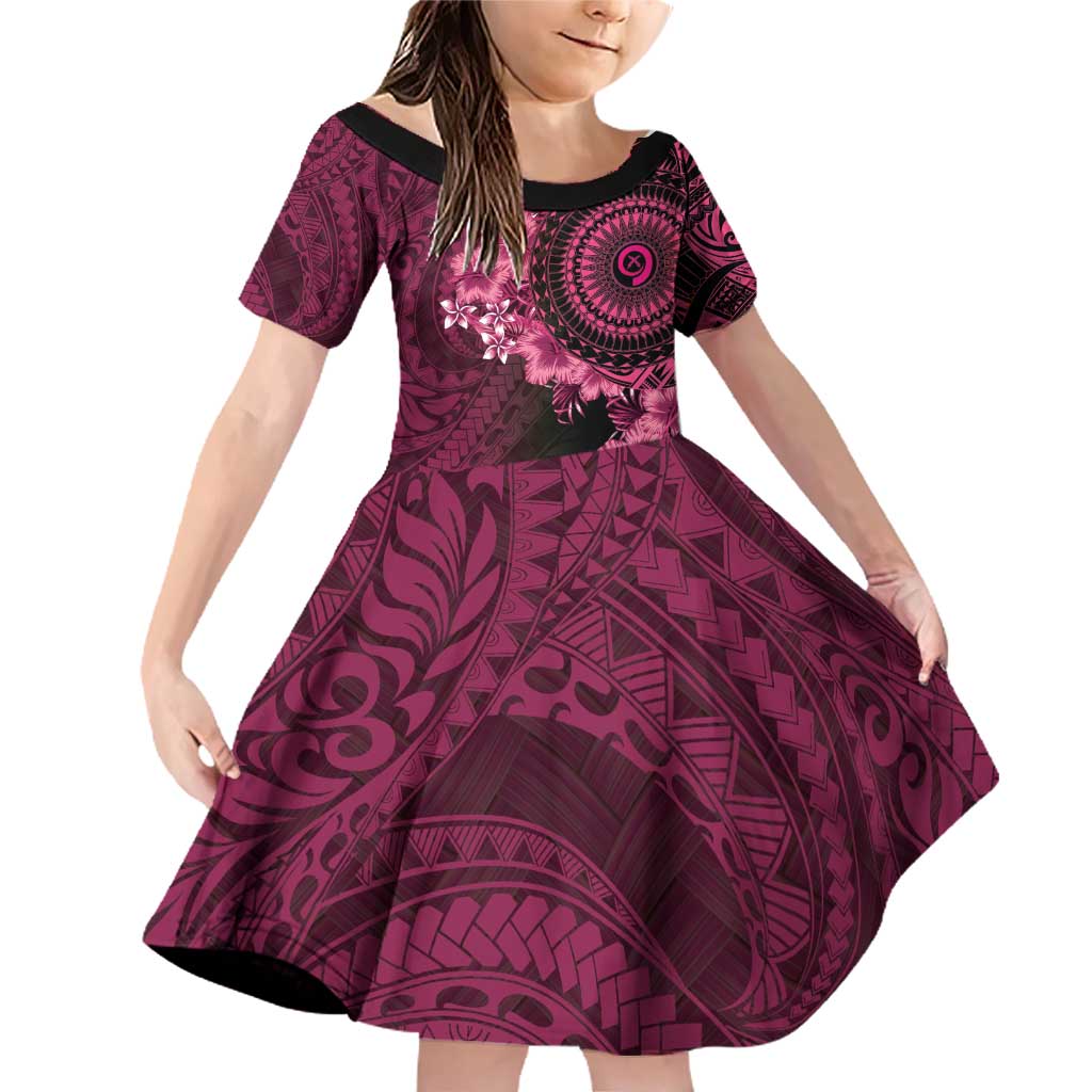 Vanuatu Family Matching Off Shoulder Short Dress and Hawaiian Shirt Hibisus Polynesian Pattern Pink LT14 Daughter's Dress Pink - Polynesian Pride