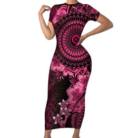 Vanuatu Family Matching Short Sleeve Bodycon Dress and Hawaiian Shirt Hibisus Polynesian Pattern Pink LT14 Mom's Dress Pink - Polynesian Pride