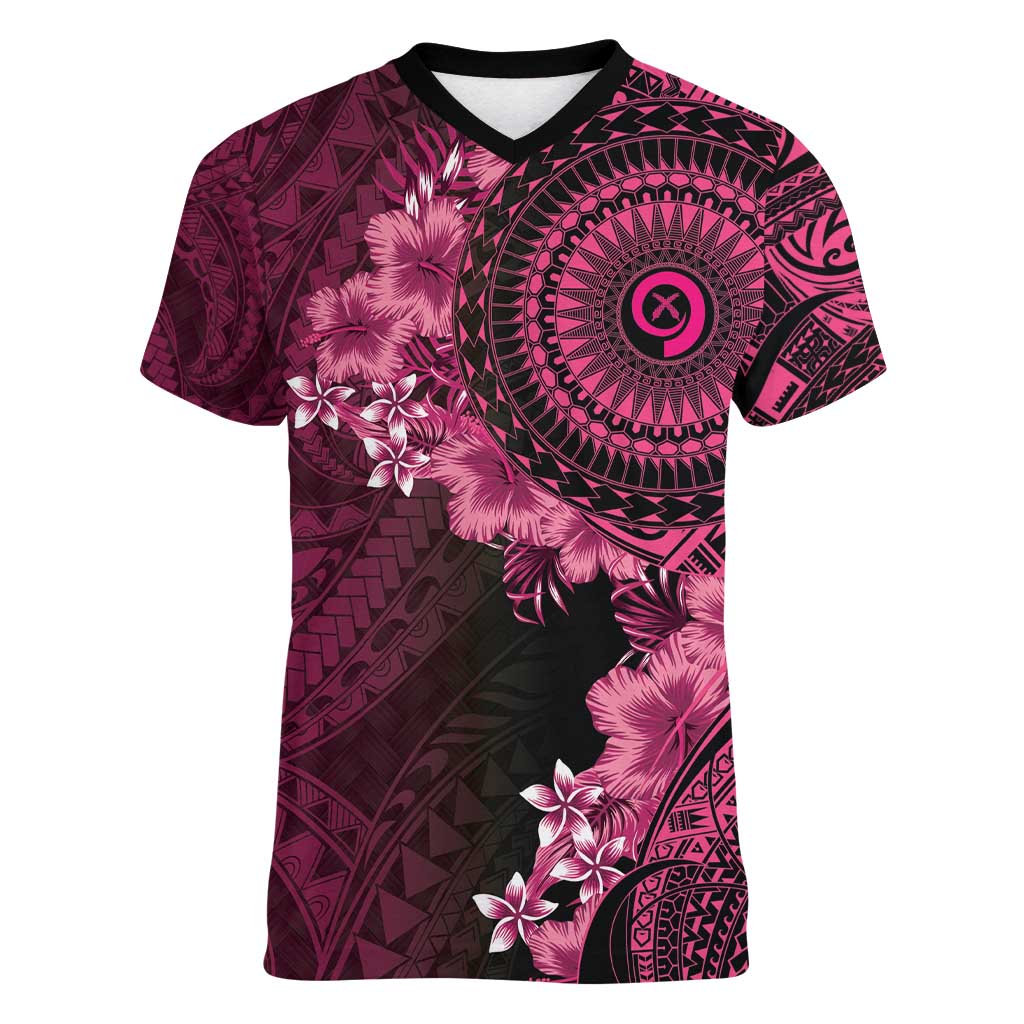 Vanuatu Women V-Neck T-Shirt Hibisus Polynesian Pattern Pink LT14 Female Pink - Polynesian Pride
