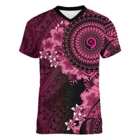 Vanuatu Women V-Neck T-Shirt Hibisus Polynesian Pattern Pink LT14 Female Pink - Polynesian Pride