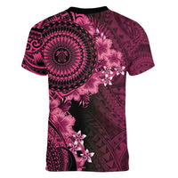 Vanuatu Women V-Neck T-Shirt Hibisus Polynesian Pattern Pink LT14 - Polynesian Pride