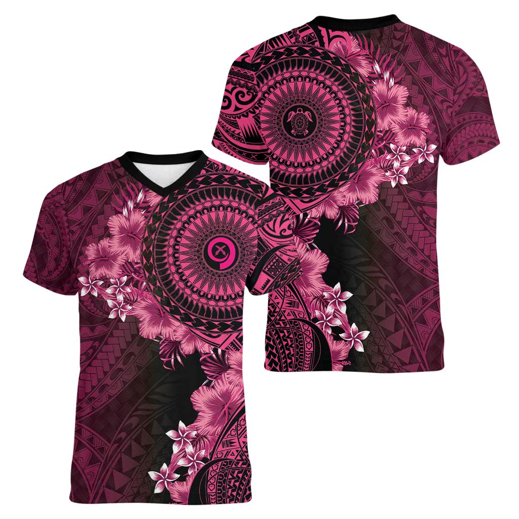 Vanuatu Women V-Neck T-Shirt Hibisus Polynesian Pattern Pink LT14 - Polynesian Pride