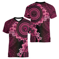 Vanuatu Women V-Neck T-Shirt Hibisus Polynesian Pattern Pink LT14 - Polynesian Pride