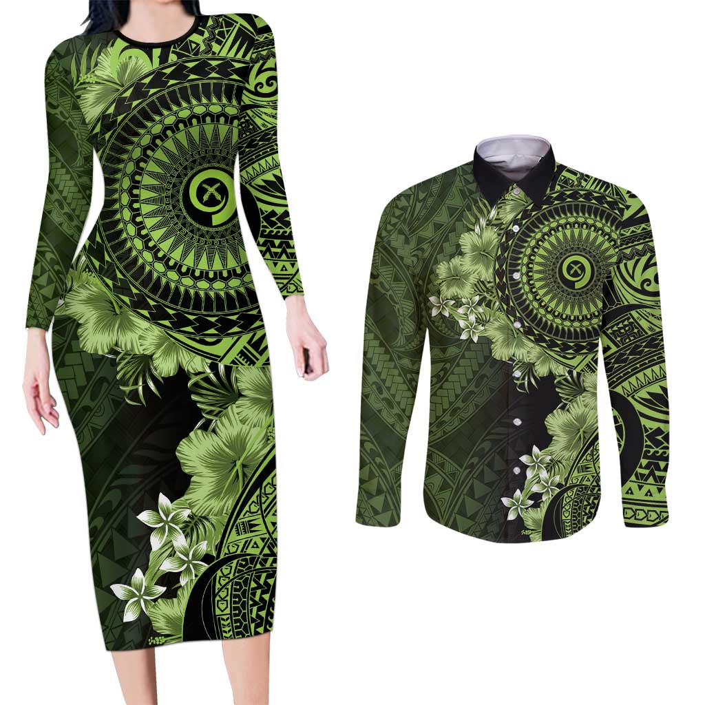 Vanuatu Couples Matching Long Sleeve Bodycon Dress and Long Sleeve Button Shirt Hibisus Polynesian Pattern Green LT14 Green - Polynesian Pride
