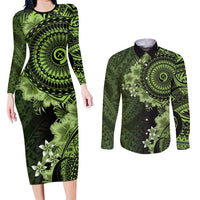 Vanuatu Couples Matching Long Sleeve Bodycon Dress and Long Sleeve Button Shirt Hibisus Polynesian Pattern Green LT14 Green - Polynesian Pride