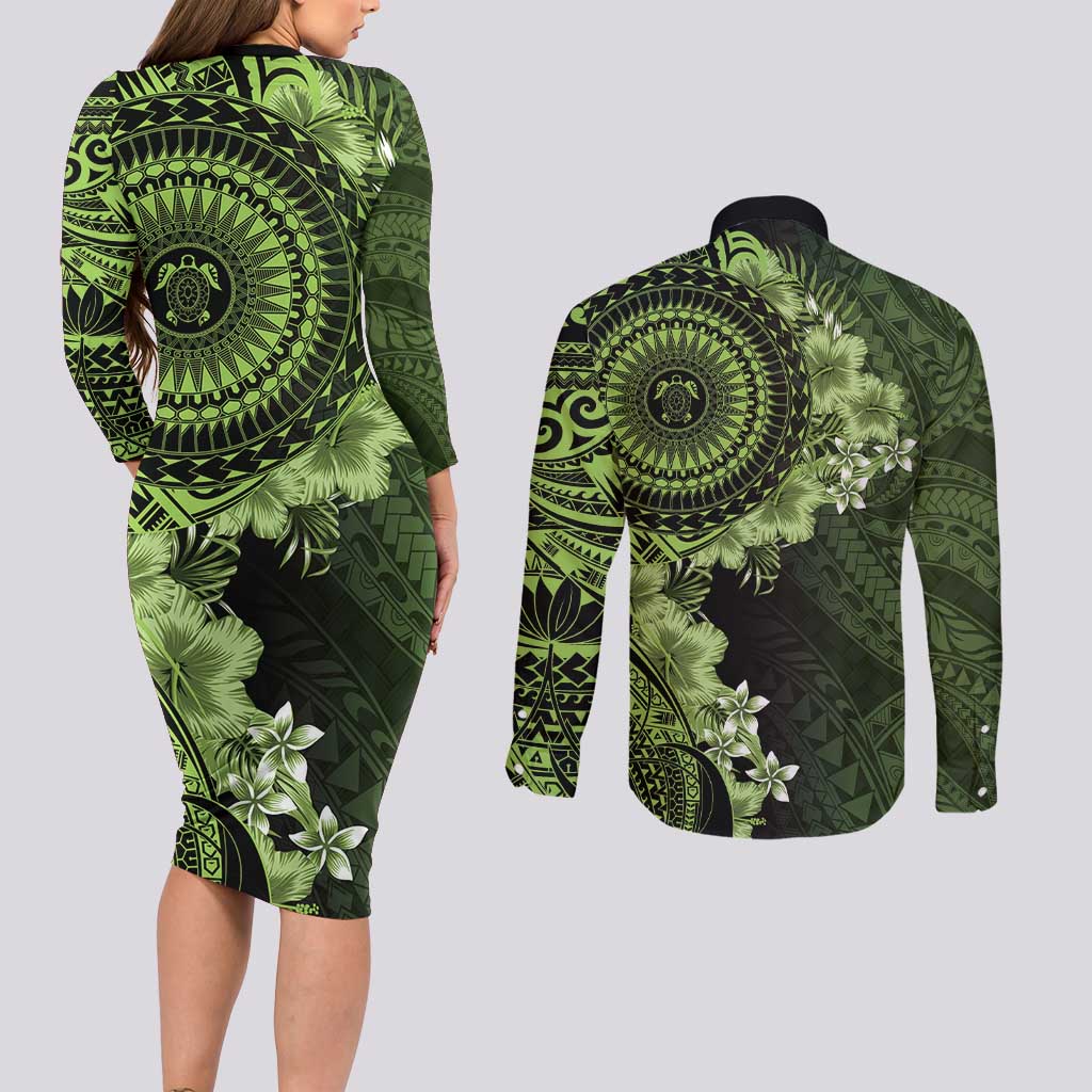 Vanuatu Couples Matching Long Sleeve Bodycon Dress and Long Sleeve Button Shirt Hibisus Polynesian Pattern Green LT14 - Polynesian Pride