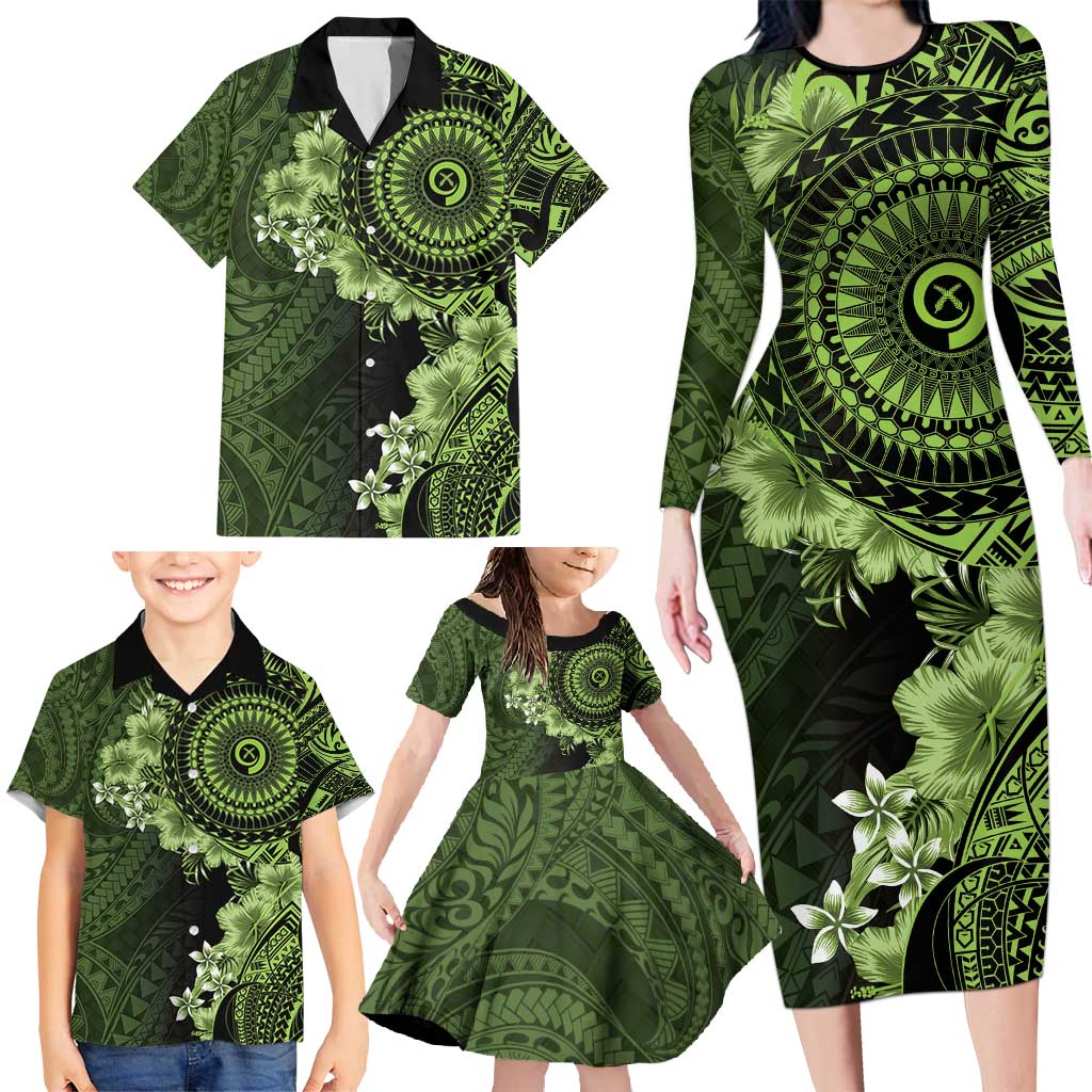 Vanuatu Family Matching Long Sleeve Bodycon Dress and Hawaiian Shirt Hibisus Polynesian Pattern Green LT14 - Polynesian Pride