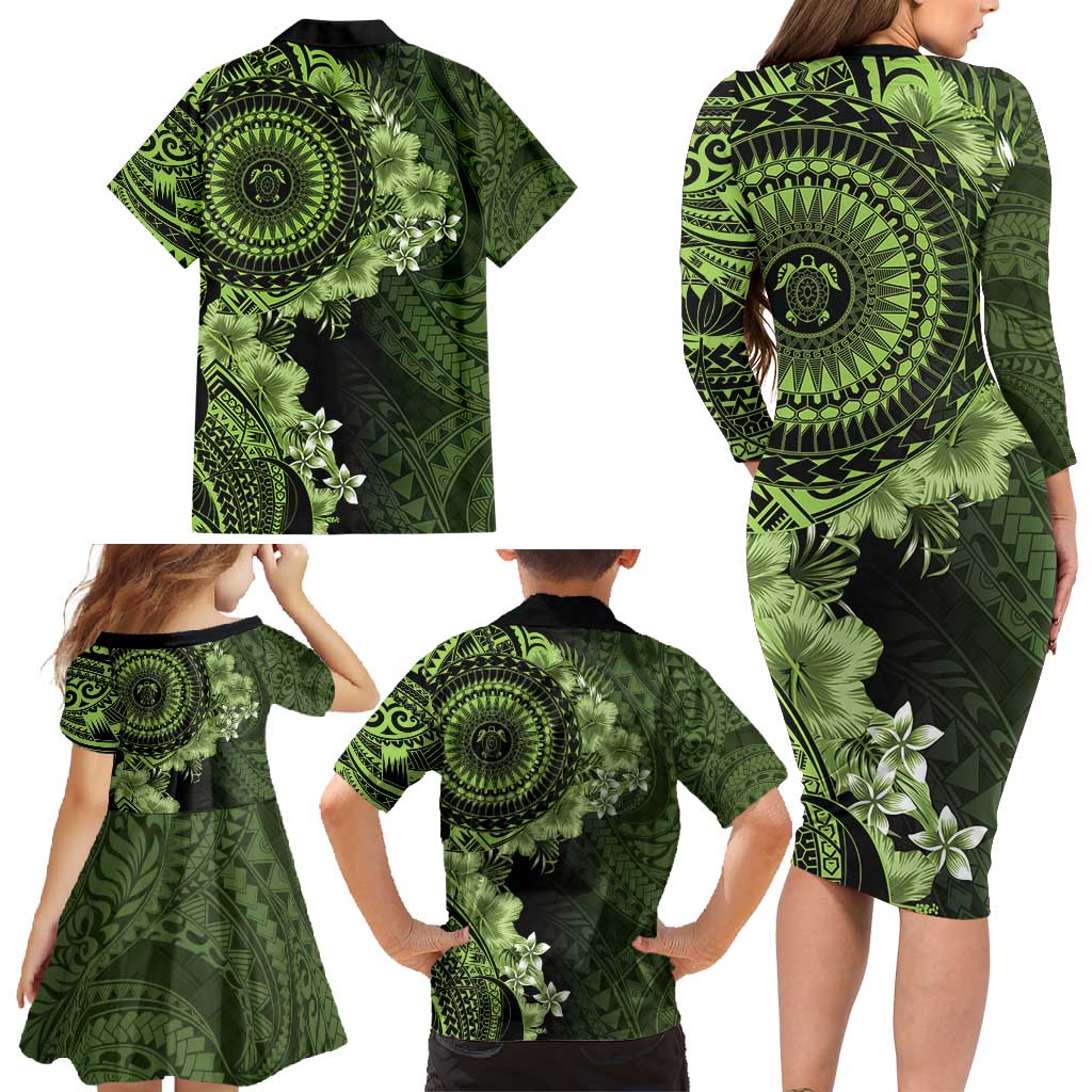 Vanuatu Family Matching Long Sleeve Bodycon Dress and Hawaiian Shirt Hibisus Polynesian Pattern Green LT14 - Polynesian Pride
