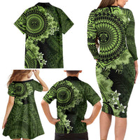 Vanuatu Family Matching Long Sleeve Bodycon Dress and Hawaiian Shirt Hibisus Polynesian Pattern Green LT14 - Polynesian Pride