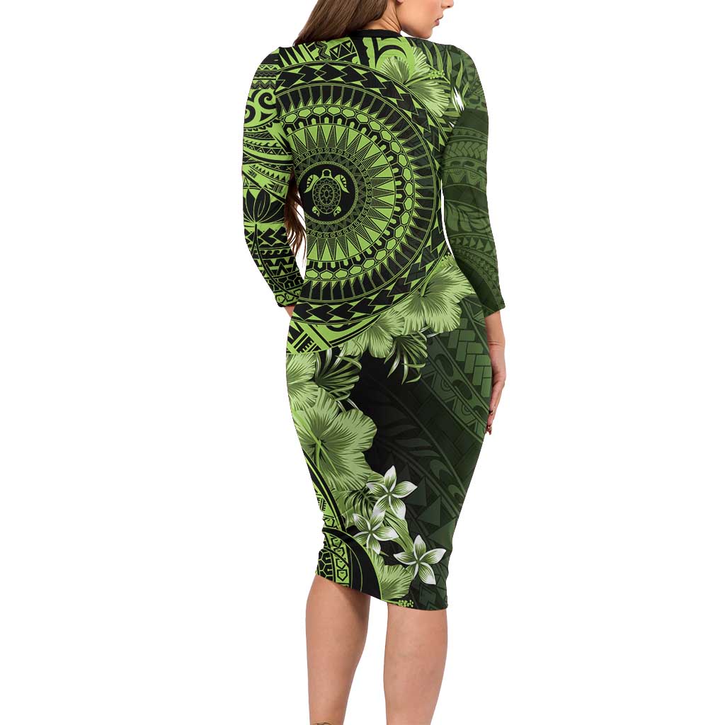Vanuatu Family Matching Long Sleeve Bodycon Dress and Hawaiian Shirt Hibisus Polynesian Pattern Green LT14 - Polynesian Pride