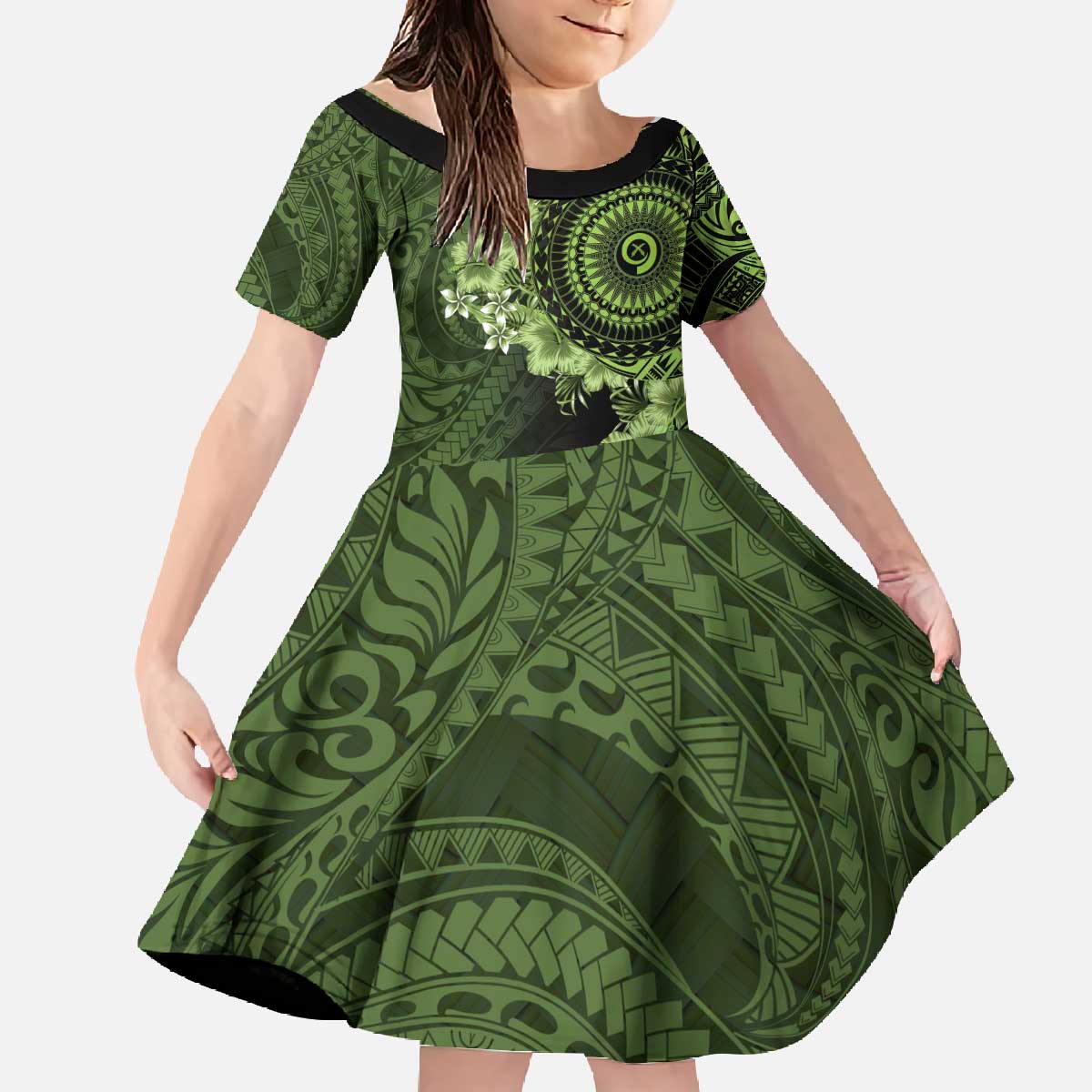 Vanuatu Family Matching Off The Shoulder Long Sleeve Dress and Hawaiian Shirt Hibisus Polynesian Pattern Green LT14 Daughter's Dress Green - Polynesian Pride