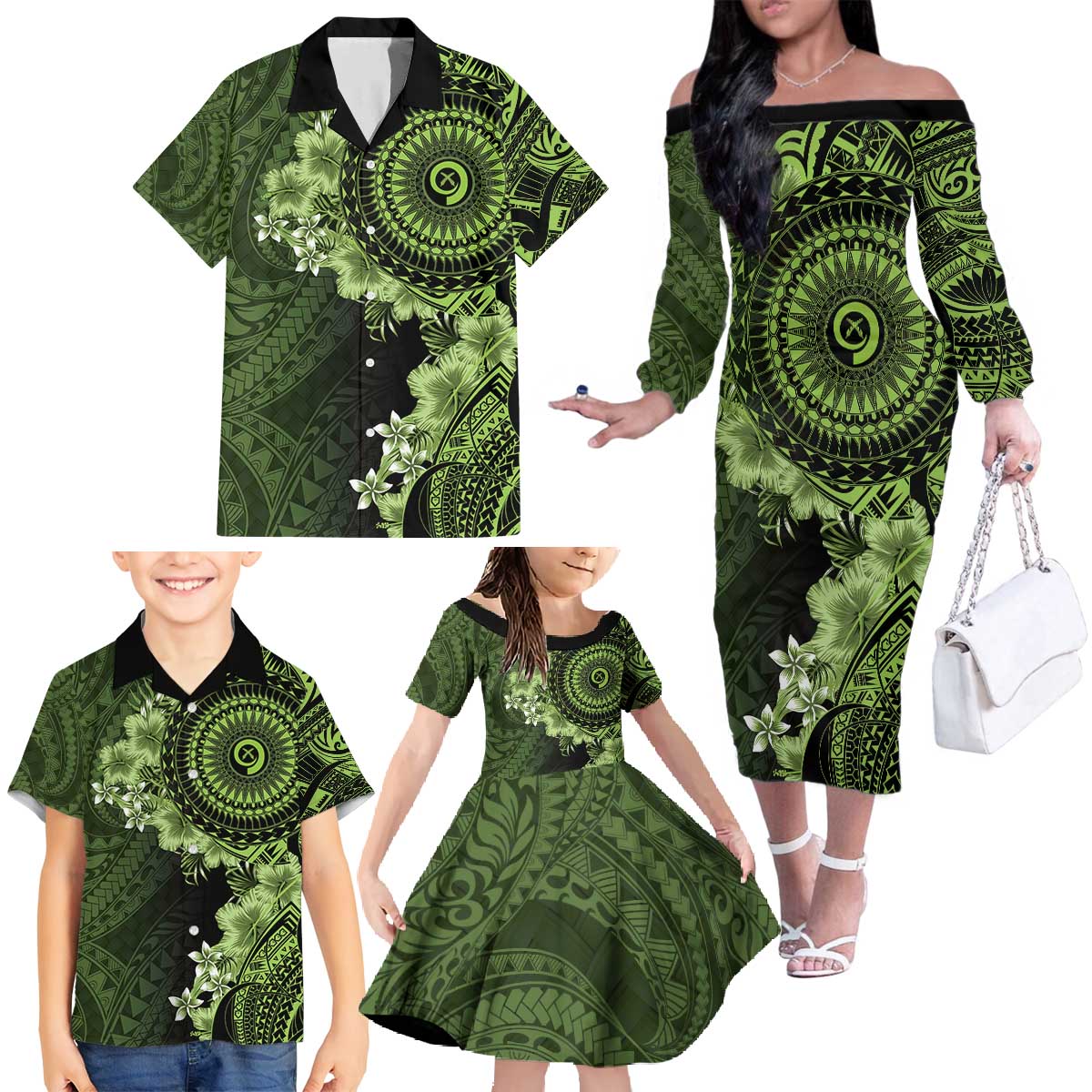 Vanuatu Family Matching Off The Shoulder Long Sleeve Dress and Hawaiian Shirt Hibisus Polynesian Pattern Green LT14 - Polynesian Pride