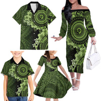 Vanuatu Family Matching Off The Shoulder Long Sleeve Dress and Hawaiian Shirt Hibisus Polynesian Pattern Green LT14 - Polynesian Pride