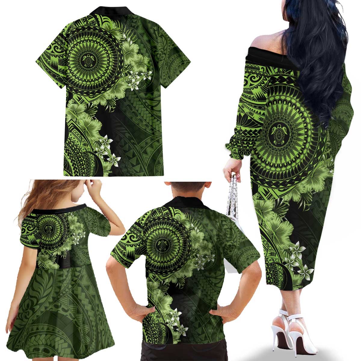 Vanuatu Family Matching Off The Shoulder Long Sleeve Dress and Hawaiian Shirt Hibisus Polynesian Pattern Green LT14 - Polynesian Pride