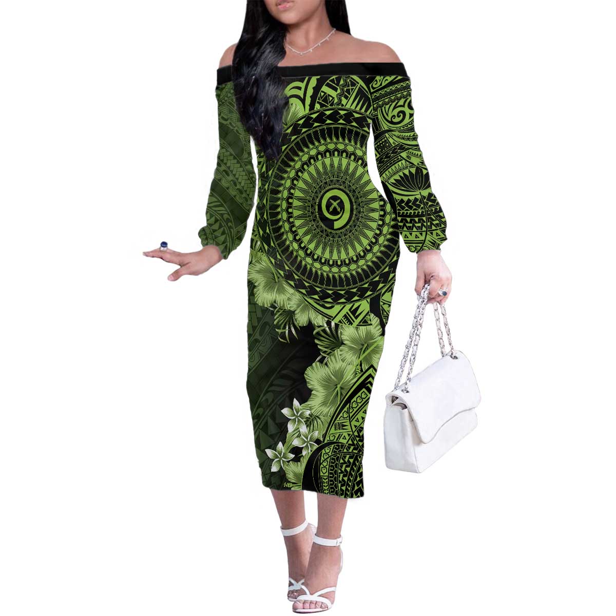 Vanuatu Family Matching Off The Shoulder Long Sleeve Dress and Hawaiian Shirt Hibisus Polynesian Pattern Green LT14 Mom's Dress Green - Polynesian Pride