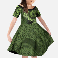 Vanuatu Family Matching Off Shoulder Maxi Dress and Hawaiian Shirt Hibisus Polynesian Pattern Green LT14 Daughter's Dress Green - Polynesian Pride