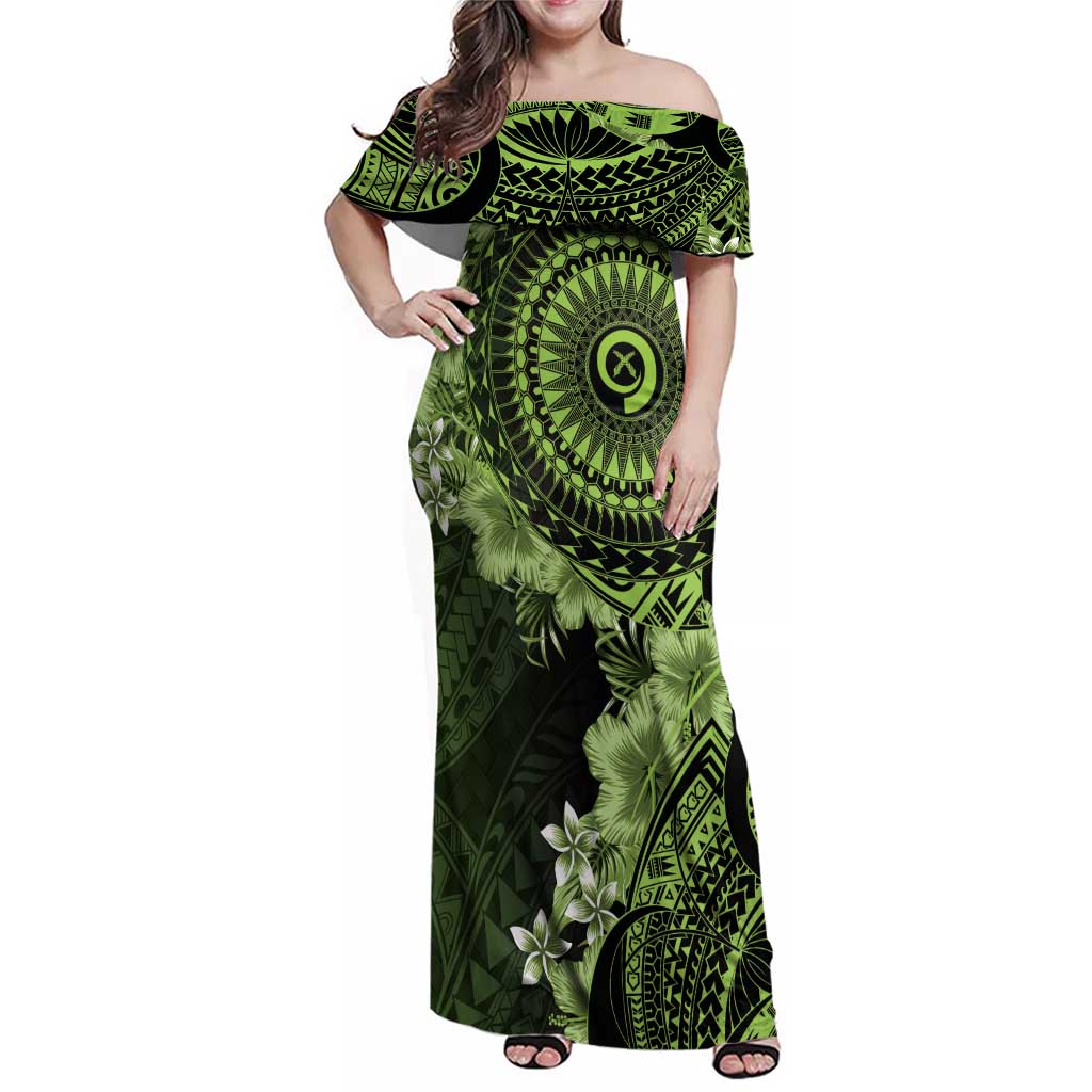 Vanuatu Family Matching Off Shoulder Maxi Dress and Hawaiian Shirt Hibisus Polynesian Pattern Green LT14 Mom's Dress Green - Polynesian Pride