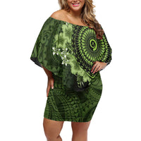 Vanuatu Family Matching Off Shoulder Short Dress and Hawaiian Shirt Hibisus Polynesian Pattern Green LT14 Mom's Dress Green - Polynesian Pride