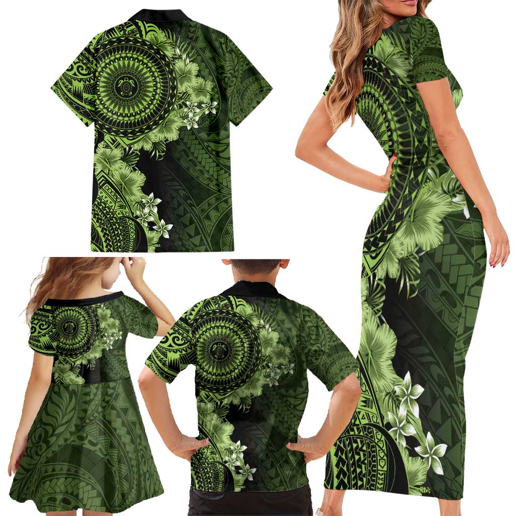 Vanuatu Family Matching Short Sleeve Bodycon Dress and Hawaiian Shirt Hibisus Polynesian Pattern Green LT14 - Polynesian Pride