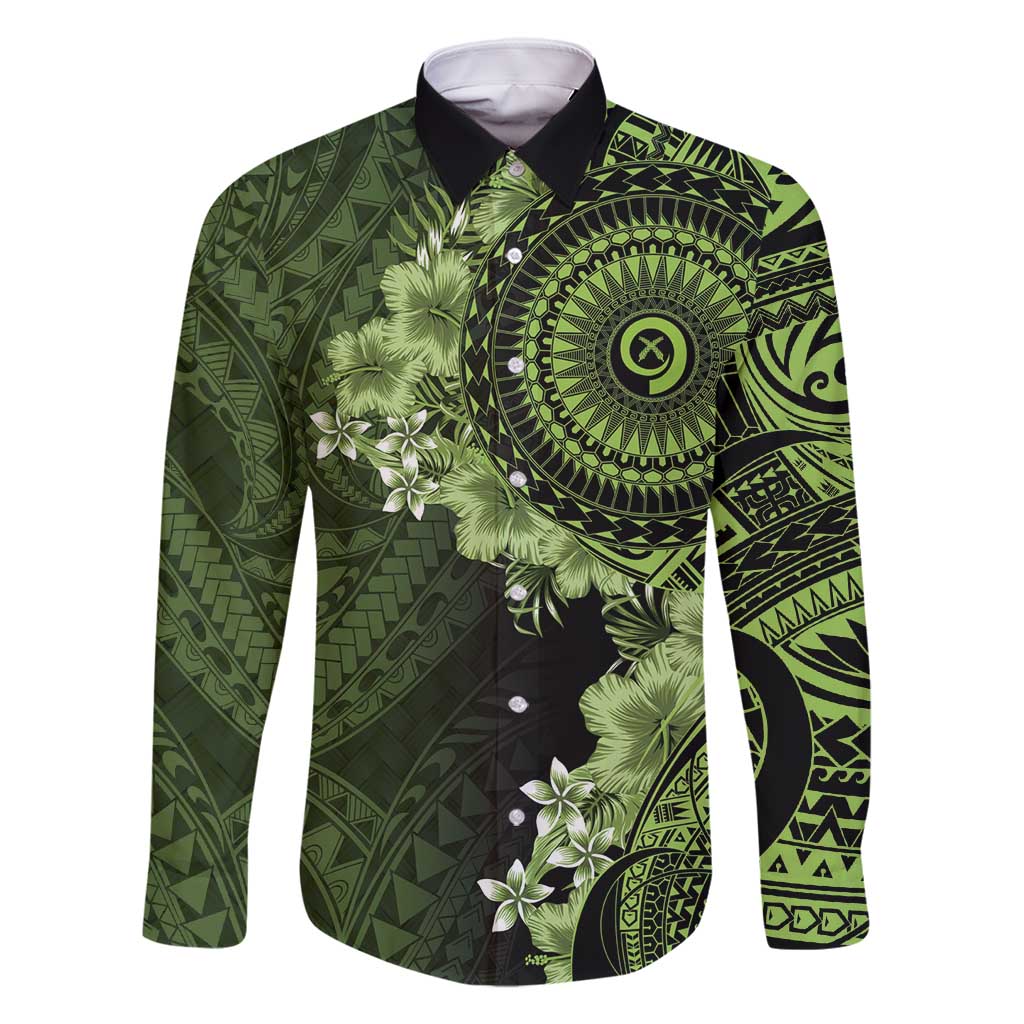 Vanuatu Family Matching Summer Maxi Dress and Hawaiian Shirt Hibisus Polynesian Pattern Green LT14 Dad's Shirt - Long Sleeve Green - Polynesian Pride