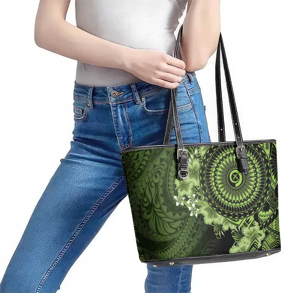 Vanuatu Leather Tote Bag Hibisus Polynesian Pattern Green - Polynesian Pride