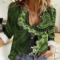 Vanuatu Women Casual Shirt Hibisus Polynesian Pattern Green LT14 Female Green - Polynesian Pride