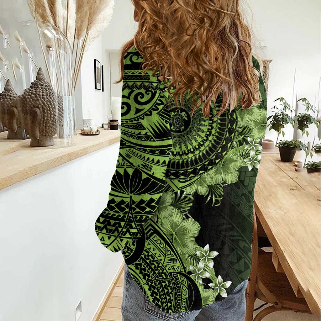 Vanuatu Women Casual Shirt Hibisus Polynesian Pattern Green LT14 - Polynesian Pride