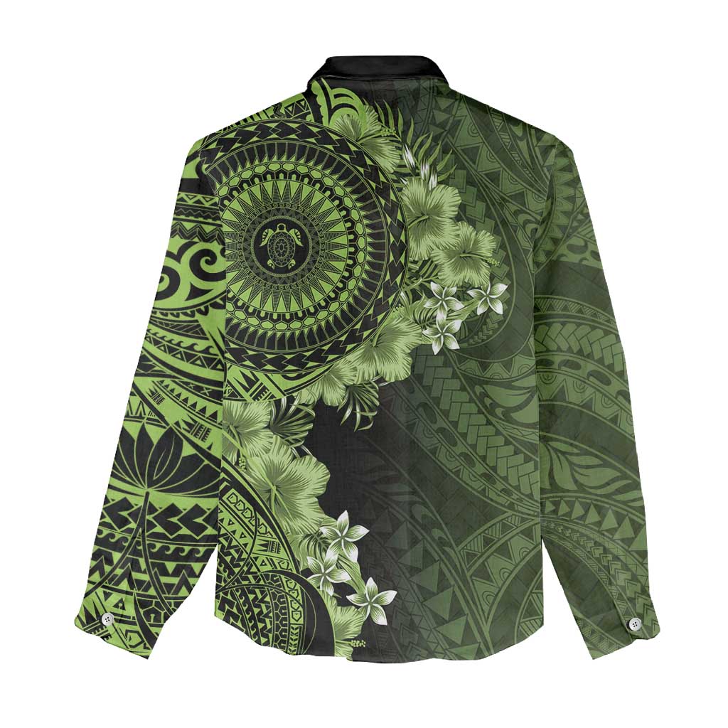 Vanuatu Women Casual Shirt Hibisus Polynesian Pattern Green LT14 - Polynesian Pride