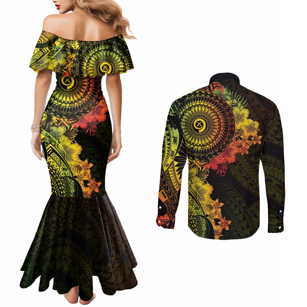 Vanuatu Couples Matching Mermaid Dress and Long Sleeve Button Shirt Hibisus Polynesian Pattern Reggae LT14 - Polynesian Pride