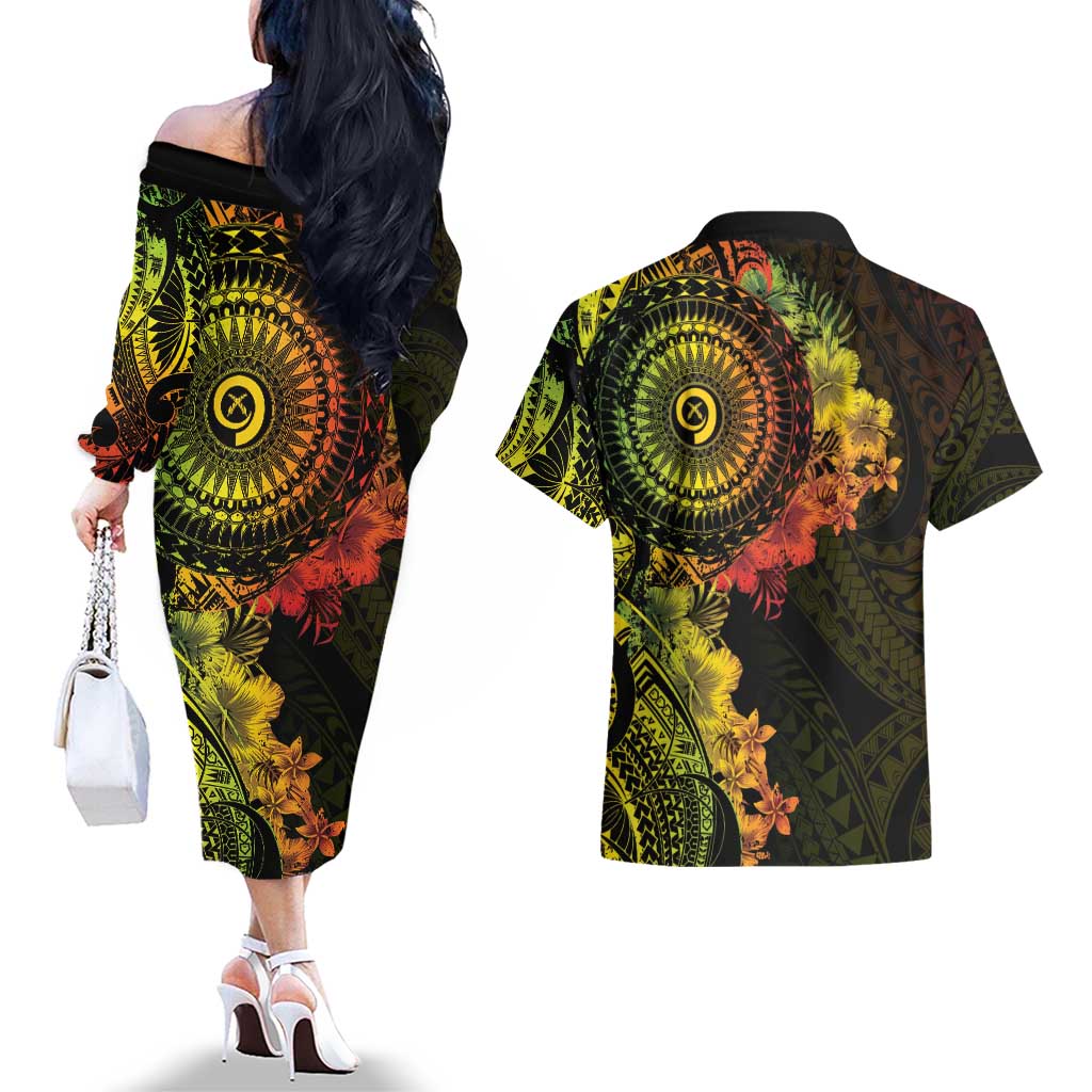 Vanuatu Couples Matching Off The Shoulder Long Sleeve Dress and Hawaiian Shirt Hibisus Polynesian Pattern Reggae - Polynesian Pride