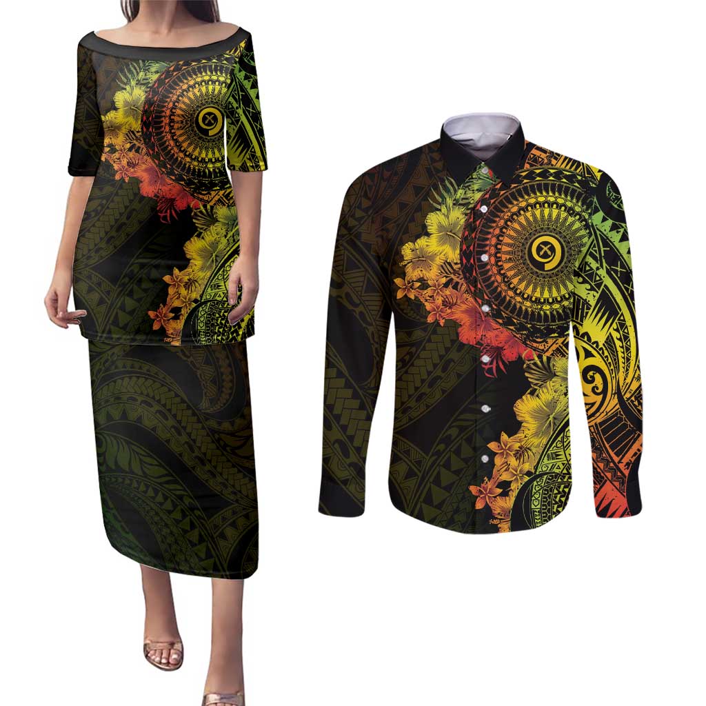 Vanuatu Couples Matching Puletasi and Long Sleeve Button Shirt Hibisus Polynesian Pattern Reggae - Polynesian Pride