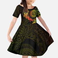 Vanuatu Family Matching Off The Shoulder Long Sleeve Dress and Hawaiian Shirt Hibisus Polynesian Pattern Reggae LT14 Daughter's Dress Reggae - Polynesian Pride